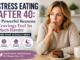 Woman over 40 sitting with dessert and coffee while thinking about stress eating and cravings after 40