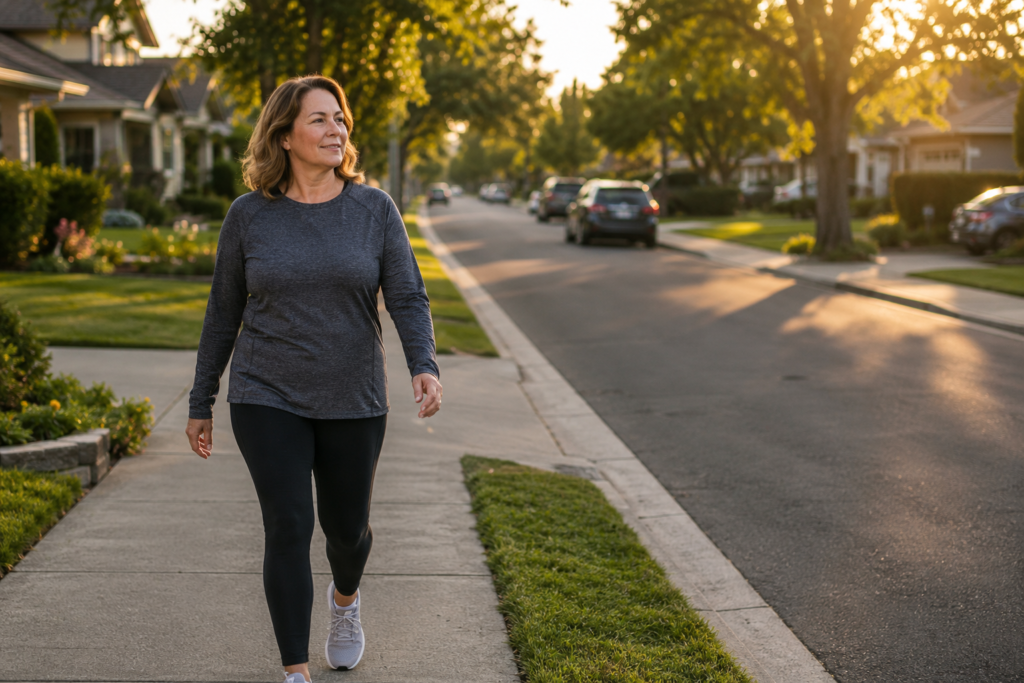 Woman over 40 walking through a quiet suburban neighborhood after dinner during golden hour