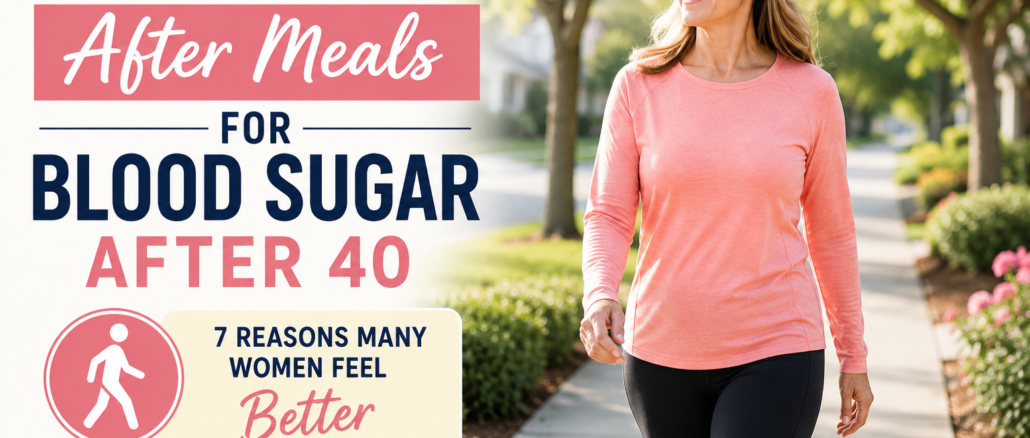 Woman over 40 walking outdoors after a meal to support healthy blood sugar and energy naturally