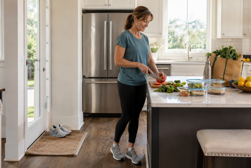 American woman over 40 preparing healthy meals in a modern kitchen while wearing fitness clothes and walking shoes