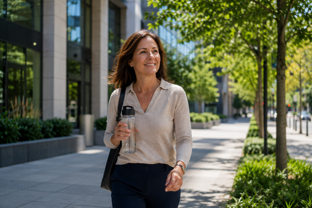 Woman over 40 taking a short walk outside an office building after lunch while holding a reusable water bottle.