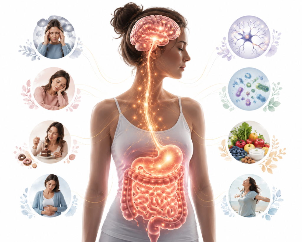 Medical illustration showing the gut-brain connection in women over 40 with highlighted digestive system and brain linked by glowing pathways.