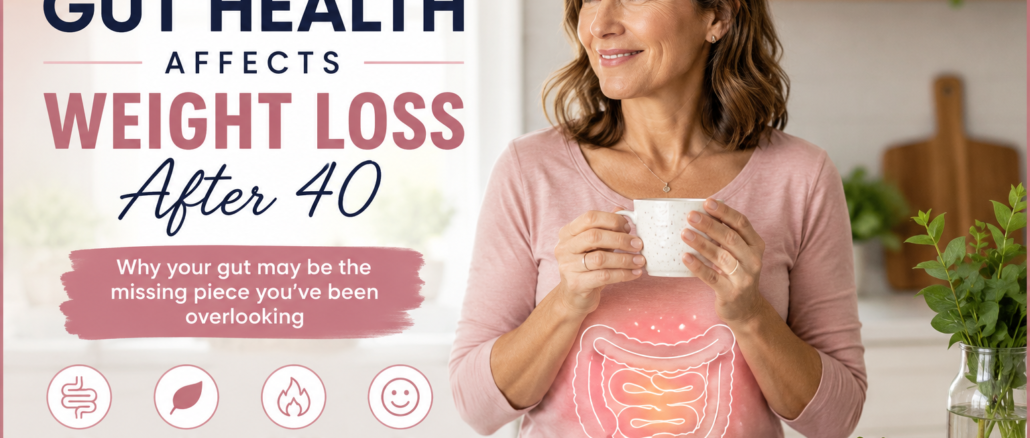 Woman over 40 holding a cup in a kitchen with healthy foods, illustrating the connection between gut health and weight loss after 40.