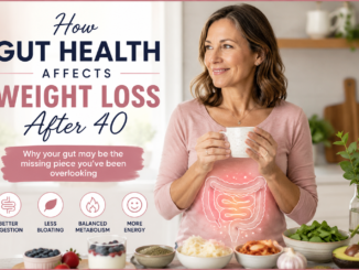 Woman over 40 holding a cup in a kitchen with healthy foods, illustrating the connection between gut health and weight loss after 40.