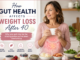 Woman over 40 holding a cup in a kitchen with healthy foods, illustrating the connection between gut health and weight loss after 40.