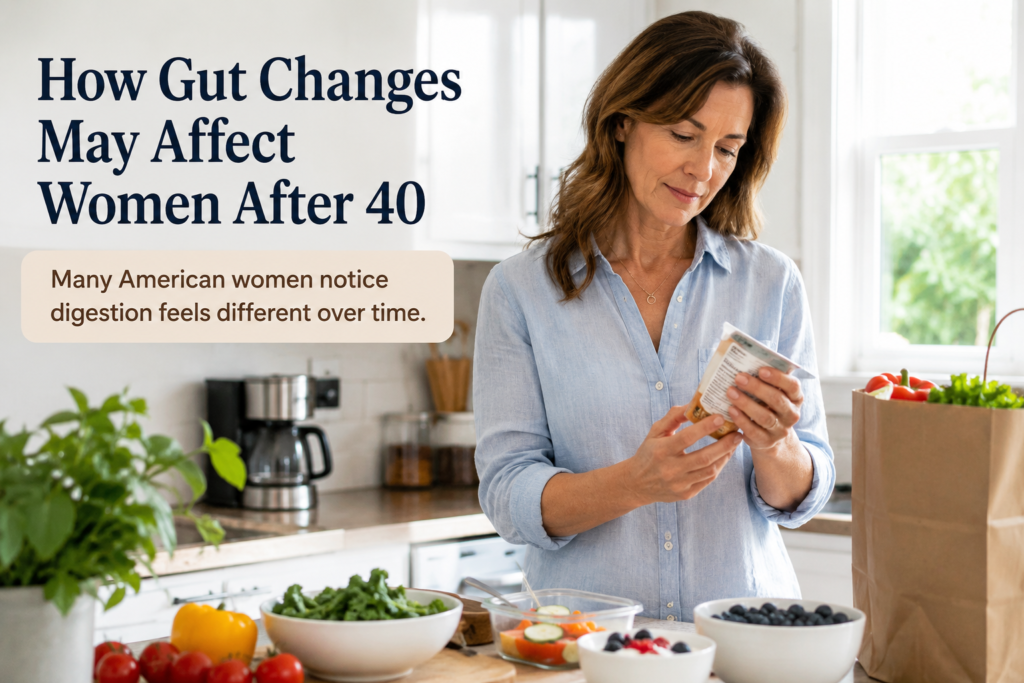 American woman in her 40s or 50s reading a food label while preparing a healthy meal with vegetables, yogurt, and berries in a bright modern kitchen, illustrating how digestion may change after age 40.