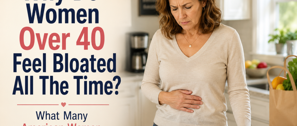 American woman over 40 standing in her kitchen with hand on stomach, experiencing bloating and digestive discomfort after 40.