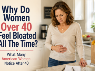 American woman over 40 standing in her kitchen with hand on stomach, experiencing bloating and digestive discomfort after 40.