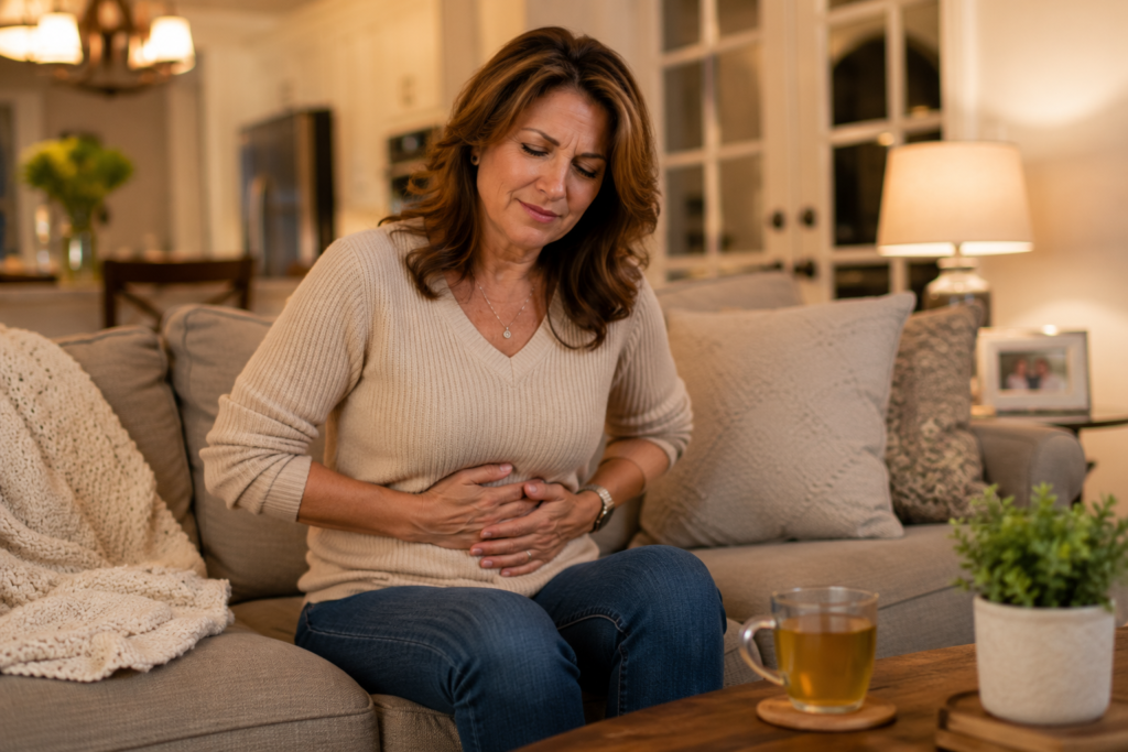 Woman in her 40s sitting on a sofa and gently holding her stomach after a meal in a cozy living room.