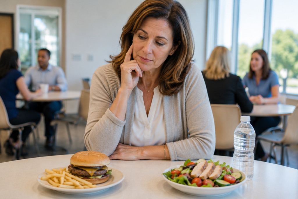 Woman over 40 in an American office break room comparing a fast-food lunch with a healthy grilled chicken salad to support steady afternoon energy.