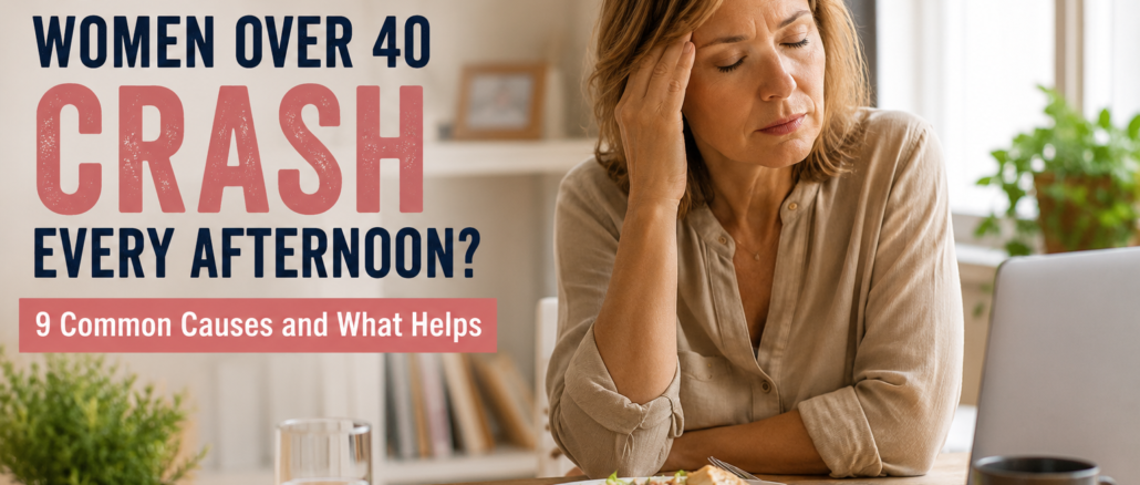 Woman over 40 feeling an afternoon energy crash while working from a home office after lunch.