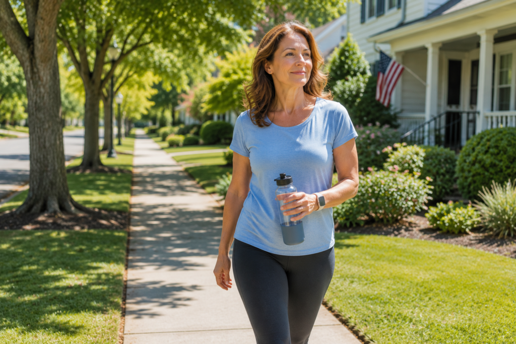 Woman over 40 taking a relaxing walk through an American suburban neighborhood after lunch while carrying a reusable water bottle.