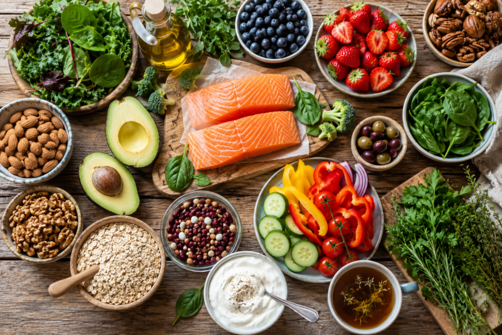 Top-down view of anti-inflammatory foods including salmon, berries, leafy greens, avocado, oats, nuts, olive oil, yogurt, beans, vegetables, and herbal tea on a rustic wooden table.