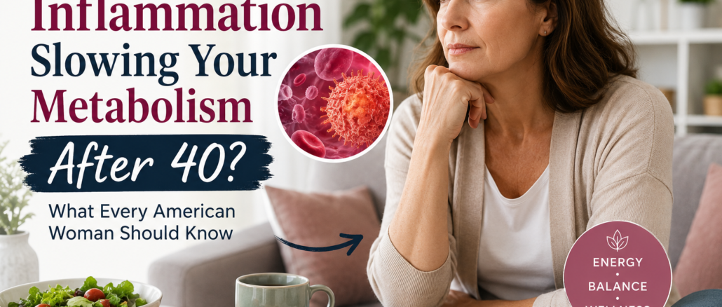 Middle-aged American woman reflecting on how chronic inflammation and metabolism after 40 may affect energy, weight, and overall wellness.